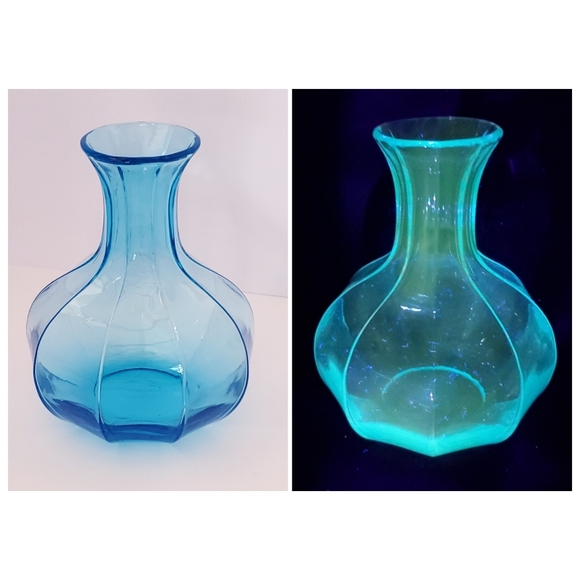Vintage Tiara 9 Sided Blue Indiana Art Glass Vase 7 7/8" H UV Reactive GLOWS - Picture 11 of 11